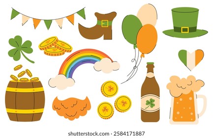 A vibrant collection of St. Patrick's Day-themed elements, including a cheerful leprechaun, green clover, a bright rainbow, and classic Irish symbols