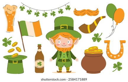 A vibrant collection of St. Patrick's Day-themed elements, including a cheerful leprechaun, green clover, a bright rainbow, and classic Irish symbols