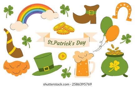 A vibrant collection of St. Patrick's Day-themed elements, including a cheerful leprechaun, green clover, a bright rainbow, and classic Irish symbols