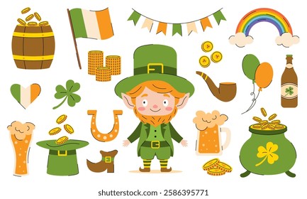 A vibrant collection of St. Patrick's Day-themed elements, including a cheerful leprechaun, green clover, a bright rainbow, and classic Irish symbols