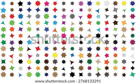 A vibrant collection of star shapes in different colors, styles, and sizes scattered across a pure white background, creating a visually appealing and dynamic composition.