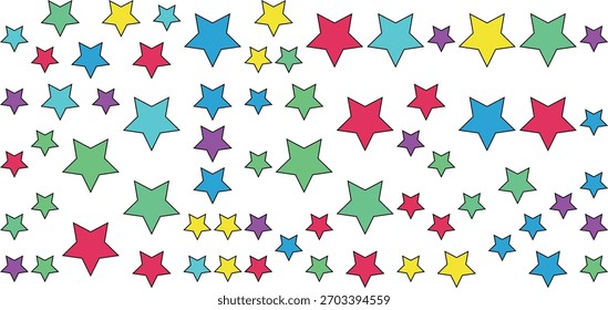 A vibrant collection of star shapes in various bright colors are randomly scattered across a clean white background.