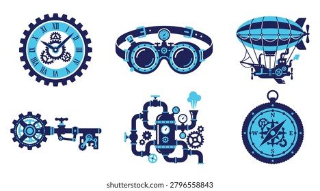 A vibrant collection of steampunk-themed vector icons featuring a detailed compass, goggles, mechanical clock, and airship. Each item is illustrated with intricate gears, pipes, and a retro-futuristic aesthetic. Perfect for themes involving adventure, fantasy, and mechanical design. Colors include rich teal, navy blue, and metallic accents. Ideal for use in posters, book covers, and digital art projects.