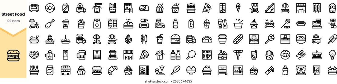 A vibrant collection of street food icons, showcasing various culinary delights in minimalist line art. Perfect for food-related designs and backgrounds.