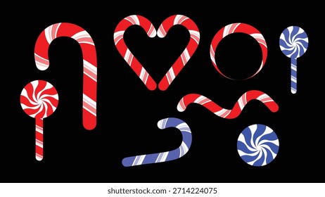 A vibrant collection of striped candy canes and spiral lollipops in red, white, and blue. Ideal for holiday greetings, party invitations, and sweet treat designs.