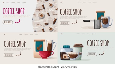 A vibrant collection of stylish templates for coffee-themed website headers. Includes vector illustrations of coffee cups, beans, and accessories, creating a cozy and inviting atmosphere. 