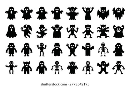 Vibrant collection of stylized black silhouettes featuring diverse ghostly and supernatural creatures in dynamic poses for spooky themed designs eerie illustrations or halloween decorations