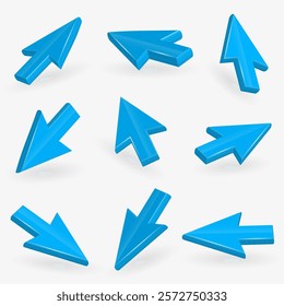 Vibrant collection of stylized blue arrows showcasing various directions and shapes, perfect for use in digital designs or marketing materials - vector illustration