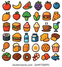 A vibrant collection of stylized, cartoon-like food icons arranged in a grid. The icons feature a variety of fruits, vegetables, fast food, desserts, and drinks, all with a clean, modern aesthetic.