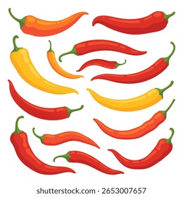A vibrant collection of stylized chili peppers in various shades of red, orange, and yellow, scattered across a clean white background. The peppers have green stems and a smooth, glossy appearance.