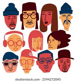 A vibrant collection of stylized illustrations depicting a variety of faces, each with unique hairstyles, accessories, and expressions. The faces are simplified in design, focusing on bold shapes 