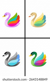 A vibrant collection of stylized swan illustrations, each featuring a unique color palette for its body and feathers.