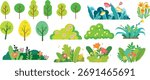 Vibrant collection of stylized trees, lush bushes, and blooming flowers creating a cheerful, natural garden scene perfect for playful designs and springtime projects