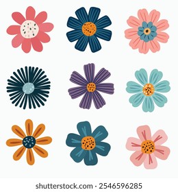 A vibrant collection of stylized vector flowers, perfect for modern design projects, decorative elements, and digital artwork.