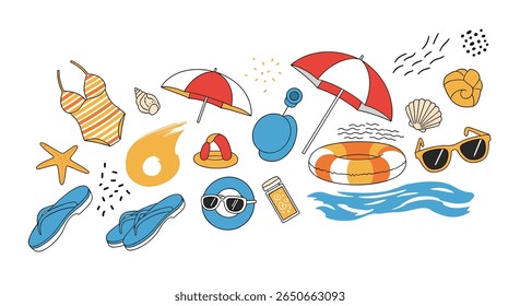 A vibrant collection of summer beach essentials including umbrellas sunglasses and seashells under the sun