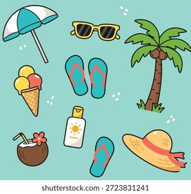 A vibrant collection of summer beach vacation items including an umbrella, sunglasses, flip-flops, a palm tree, ice cream, a coconut drink, sunscreen, and a sun hat.