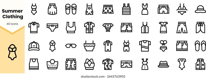 A vibrant collection of summer clothing icons featuring various styles for warm weather, including swimsuits, dresses, and accessories, perfect for seasonal fashion.