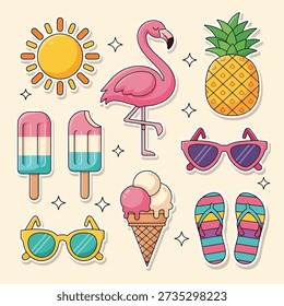 A vibrant collection of summer-themed items including a flamingo, pineapple, ice cream, popsicles, sunglasses, sun, and flip-flops, perfect for seasonal designs.