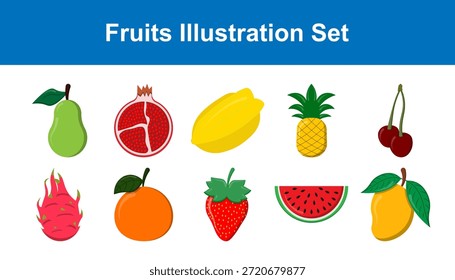 colección vibrante de diez ilustraciones diferentes de frutas, incluyendo pera, granada, papaya, piña, cerezas, fruta del dragón, naranja, fresa, sandía y mango.