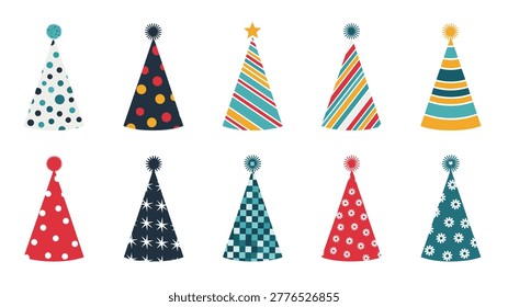 Vibrant collection of ten festive party hats adorned with diverse and cheerful patterns, including polka dots, stripes, and stars, perfect for celebrations.