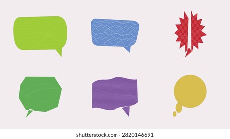 A vibrant collection of textured speech and thought bubbles featuring comic bursts and geometric shapes. Perfect for messaging graphics, social media posts, chat icons, comic book design, promotional templates, and creative UI elements.

#SpeechBubble #ThoughtBubble #VectorArt #GraphicDesign #ComicDesign #ChatBox #TextFrames #VectorIllustration #DesignElements #CreativeAssets