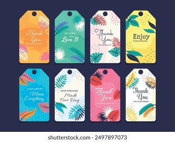 A vibrant collection of thank you tags adorned with playful patterns, expressing gratitude to customers for their support and purchases.