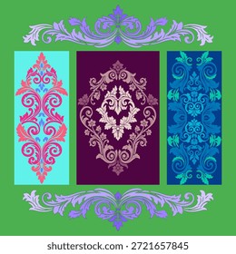 Una vibrante colección de tres intrincados patrones ornamentales de damasco de Vector en varias paletas de colores (rosa, beige, azul) con adornos florales, enmarcados por bordes decorativos púrpura.