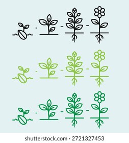 A vibrant collection of three rows illustrating the complete life cycle of a plant, from seed to blooming flower, showcasing different color variations in black, light green, and dark green, symbolizing growth, development, and natural progression across various stages.