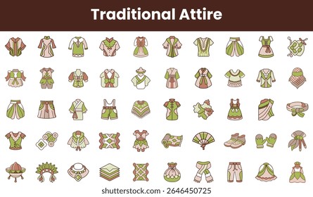 A vibrant collection of traditional attire featuring diverse designs in shades of green and beige, showcasing cultural richness and intricate patterns.