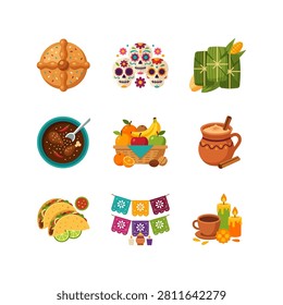 A vibrant collection of traditional Day of the Dead elements including pan de muerto, sugar skulls, tamales, tacos, hot chocolate, and papel picado.