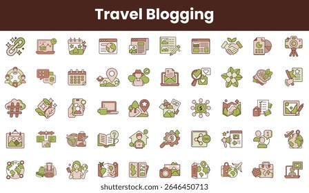 Uma coleção vibrante de ícones de blogues de viagem, apresentando vários símbolos de aventura, criação de conteúdo e exploração em tons terrosos.