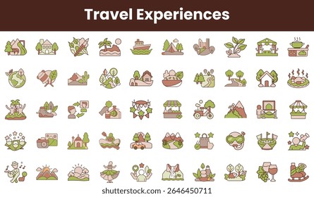 A vibrant collection of travel experience icons featuring diverse landscapes, activities, and cultural elements. Perfect for travel-related themes and designs.