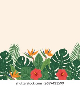 Uma coleção vibrante de folhagem tropical e flores exóticas criando uma fronteira natural exuberante.