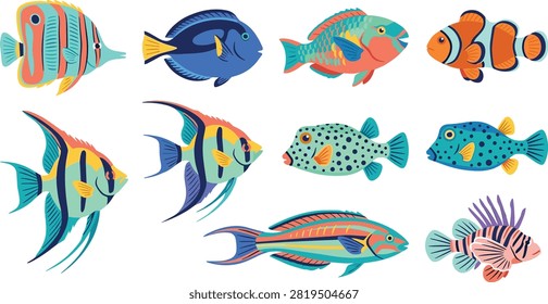 A vibrant collection of tropical reef fish featuring angelfish, clownfish, parrotfish, tang, pufferfish, and lionfish in colorful decorative styles. Ideal for aquarium graphics, marine education, children’s designs, posters, packaging, and ocean-themed projects.