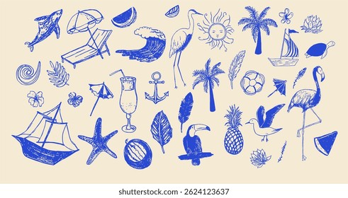 Vibrant collection of tropical-themed illustrations showcasing marine animals, palm trees, waves, exotic flowers, and beach elements, perfect for summer and paradise-inspired designs.