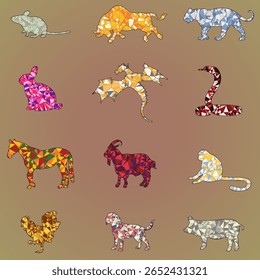 Uma coleção vibrante dos doze animais do zodíaco chinês, cada um representado como uma silhueta estilizada preenchida com uma textura colorida, quebrada em vidro ou de baixo-polietileno, colocada contra um fundo marrom silenciado.