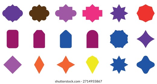 Una vibrante colección de Formas geométricas únicas que incluyen estrellas, diamantes y varias etiquetas ornamentales en una sorprendente variedad de colores para Elementos de diseño y proyectos creativos
