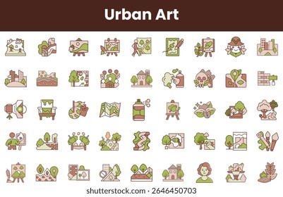 A vibrant collection of urban art icons featuring nature, cityscapes, artists, and greenery, showcasing creativity and environmental themes in a playful style.