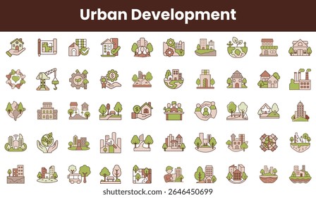 A vibrant collection of urban development icons showcasing sustainable buildings, green spaces, and community growth, designed with a modern and eco-friendly aesthetic.