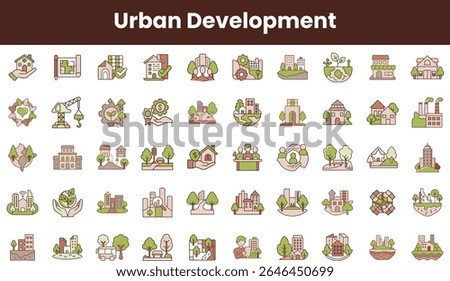 A vibrant collection of urban development icons showcasing sustainable buildings, green spaces, and community growth, designed with a modern and eco-friendly aesthetic.