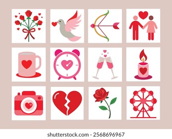 A vibrant collection of Valentine's Day-themed vector icons, featuring romantic elements like hearts, flowers, and lovebirds, perfect for holiday-themed designs and projects