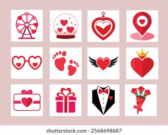 A vibrant collection of Valentine's Day-themed vector icons, featuring romantic elements like hearts, flowers, and lovebirds, perfect for holiday-themed designs and projects