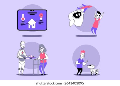 Vibrant collection of various aspects of technology in daily life. Playful robot assisting woman with tasks, while cheerful man enjoying virtual experiences