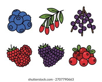 Una vibrante colección de varias bayas, incluyendo arándanos, bayas de goji, grosellas, frambuesas, moras y arándanos, perfecto para conceptos de alimentación saludable.