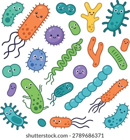 A vibrant collection of various cartoon bacteria and microbes in different shapes and colors, all with friendly faces.