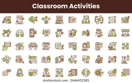 A vibrant collection of various classroom activities illustrated in a playful, colorful style, showcasing teamwork, learning, and interactive methods for engaging students.