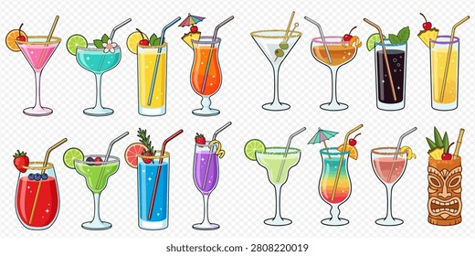 A vibrant collection of various colorful alcoholic and non-alcoholic cocktails, each garnished with fruit, straws, and umbrellas, presented in different glass types.