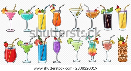 A vibrant collection of various colorful alcoholic and non-alcoholic cocktails, each garnished with fruit, straws, and umbrellas, presented in different glass types.