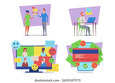 Vibrant collection of various digital communication scenarios. Messaging, online work, video chatting, and transactions. Modern interactions and technology concept