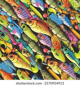 A vibrant collection of various fishing lures and baits displayed in an intricate pattern. The assortment showcases a mix of colors and designs suitable for any fishing enthusiast.